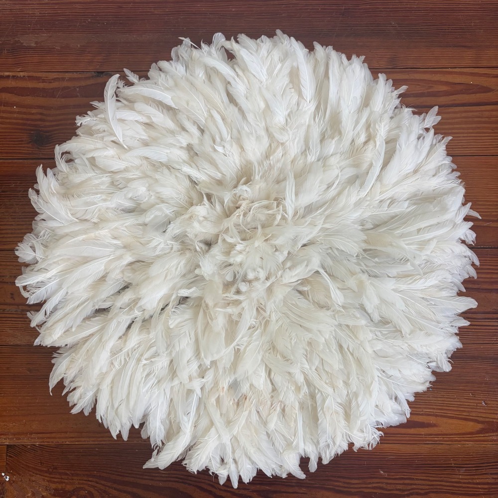 Authentic Large White Cream African Juju Hat Tribal Wall Decor Boho Feathers 22"